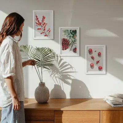 Gallery wall met rode vruchten en planten in een minimalistische stijl