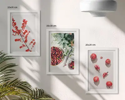 Gallery wall met rode vruchten en planten in een minimalistische stijl