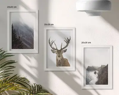 Set van ingelijste schilderijen Berglandschap met mist, water en herten.