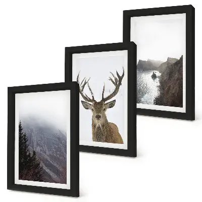 Set van ingelijste schilderijen Berglandschap met mist, water en herten.
