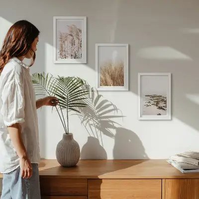 Gallery wall met pampasgrasvelden en een bohemien strand