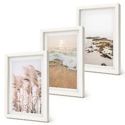 Set van ingelijste schilderijen Strandgras, golven en stenen aan zee, boho