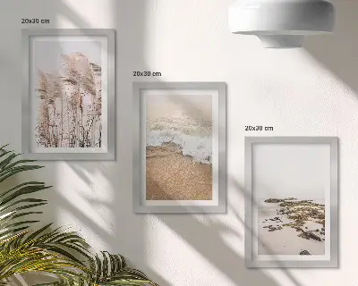 Set van ingelijste schilderijen met strandgras, golven en stenen aan zee in boho-stijl