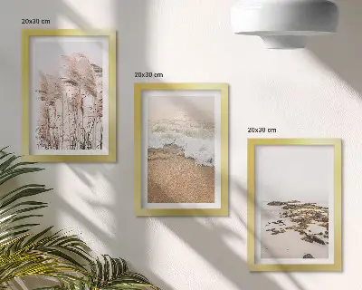 Set van ingelijste schilderijen met strandgras, golven en stenen aan zee in boho-stijl