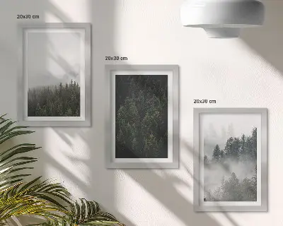 Set ingelijste schilderijen met groene bossen in een mistige natuurlijke omgeving