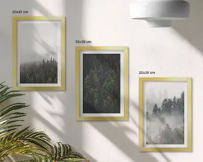 Set ingelijste schilderijen met groene bossen in een mistige natuurlijke omgeving