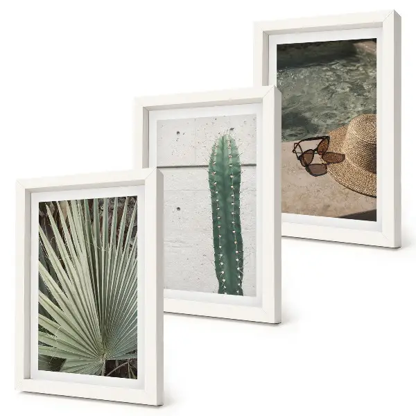Gallery wall met tropische planten en accessoires voor een vakantie aan het water