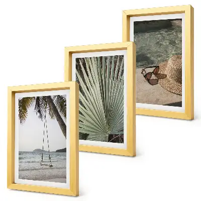 Set ingelijste schilderijen met strandvakantie en palmbladerenschommel