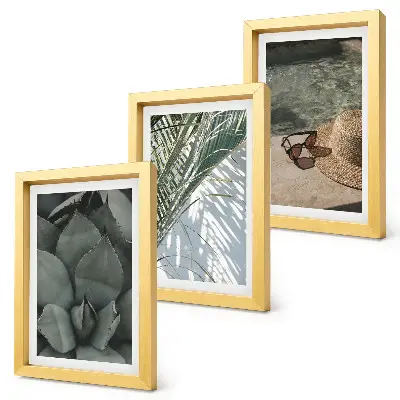 Set van ingelijste schilderijen met tropische planten en vakantieaccenten