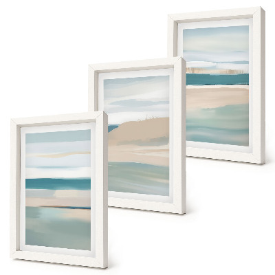 Gallery wall Abstracte landschappen in blauwe en beigetinten.