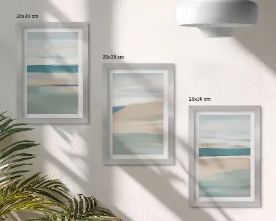 Gallery wall met abstracte landschappen in blauwe en beigetinten