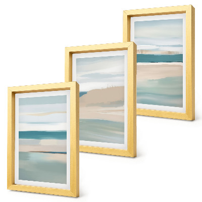 Gallery wall Abstracte landschappen in blauwe en beigetinten.