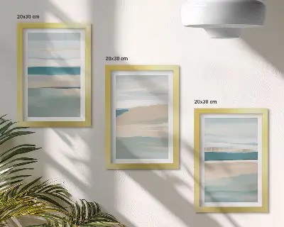 Gallery wall met abstracte landschappen in blauwe en beigetinten