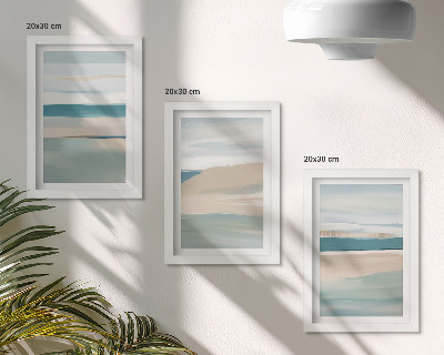 Gallery wall Abstracte landschappen in blauwe en beigetinten.