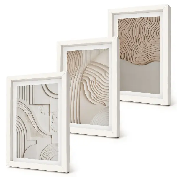 Set ingelijste schilderijen met abstracte patronen in beige en witte tinten