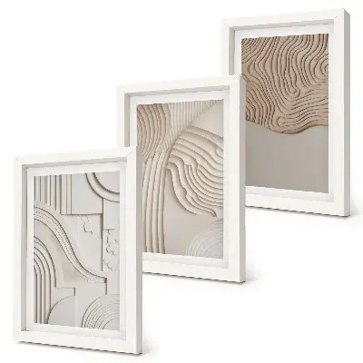 Set van ingelijste schilderijen Abstracte patronen in beige en witte tinten.