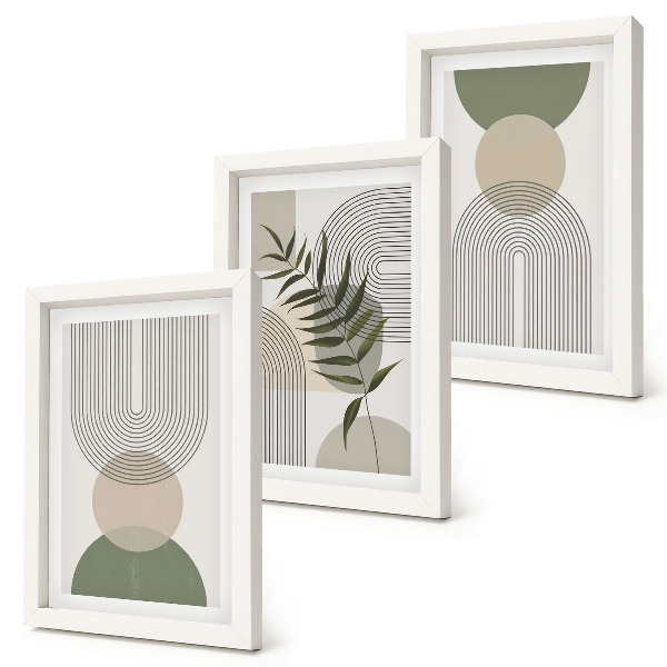 Set van ingelijste schilderijen Abstracte vormen in tinten groen en beige.