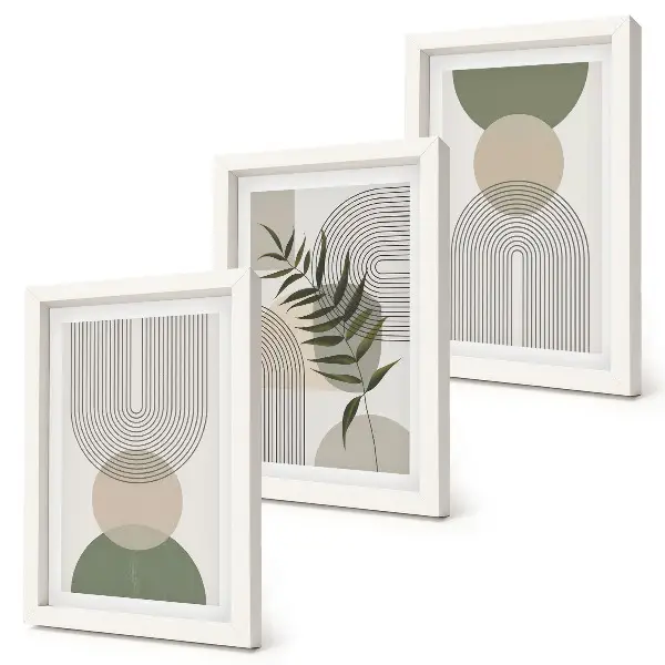 Set ingelijste schilderijen met abstracte vormen in groen- en beigetinten