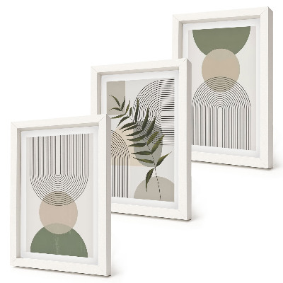 Set van ingelijste schilderijen Abstracte vormen in tinten groen en beige.