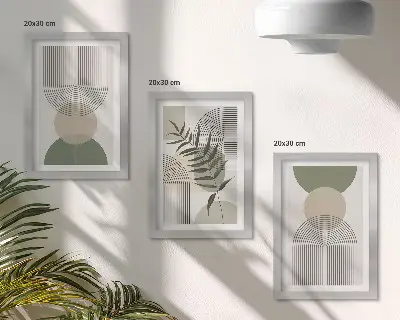 Set ingelijste schilderijen met abstracte vormen in groen- en beigetinten