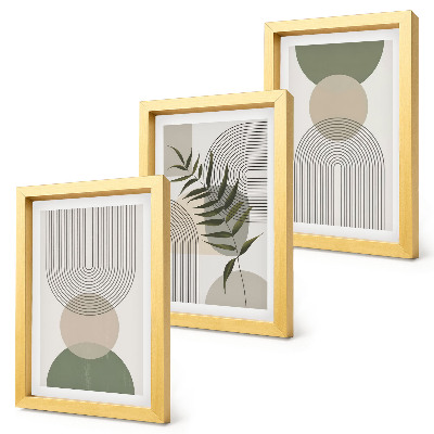 Set van ingelijste schilderijen Abstracte vormen in tinten groen en beige.