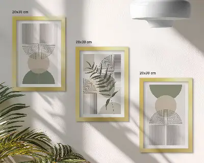Set ingelijste schilderijen met abstracte vormen in groen- en beigetinten