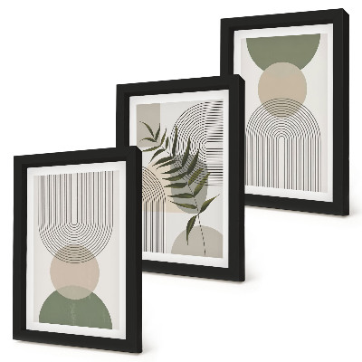 Set van ingelijste schilderijen Abstracte vormen in tinten groen en beige.