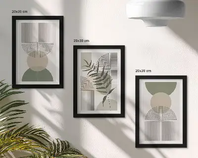 Set ingelijste schilderijen met abstracte vormen in groen- en beigetinten