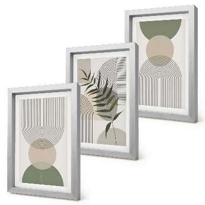 Set van ingelijste schilderijen Abstracte vormen in tinten groen en beige.