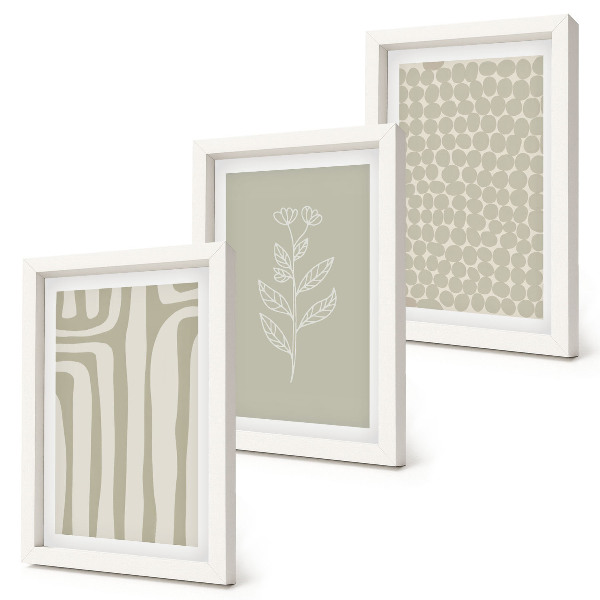 Set van ingelijste schilderijen Plantaardige en geometrische patronen in ingetogen kleuren.
