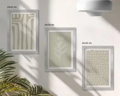 Set ingelijste schilderijen met plantaardige en geometrische patronen in ingetogen kleuren