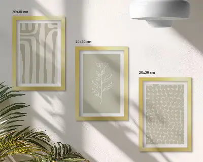 Set ingelijste schilderijen met plantaardige en geometrische patronen in ingetogen kleuren