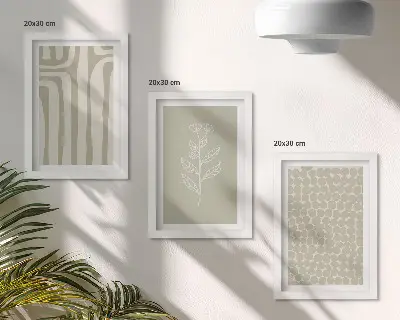 Set ingelijste schilderijen met plantaardige en geometrische patronen in ingetogen kleuren