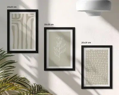 Set ingelijste schilderijen met plantaardige en geometrische patronen in ingetogen kleuren