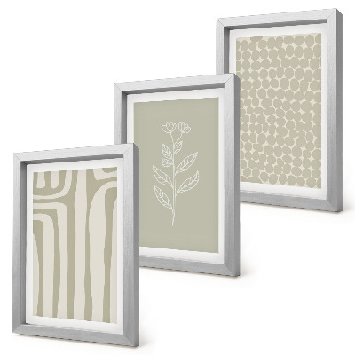 Set van ingelijste schilderijen Plantaardige en geometrische patronen in ingetogen kleuren.