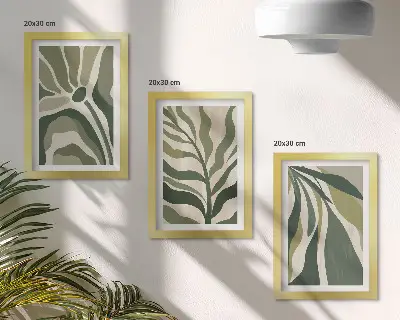 Set van ingelijste schilderijen met geschilderde bladillustraties in groene tinten