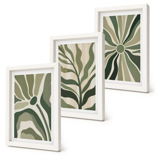 Gallery wall Plantenpatronen in tinten groen en beige.