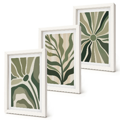 Gallery wall Plantenpatronen in tinten groen en beige.