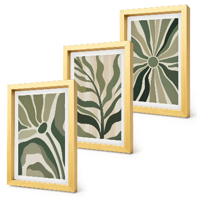 Gallery wall Plantenpatronen in tinten groen en beige.