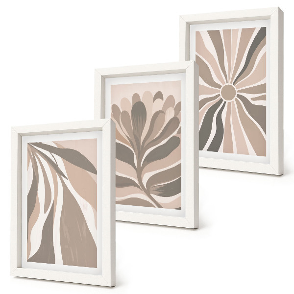Set van ingelijste schilderijen Abstracte plantmotieven in beige en bruine tinten.