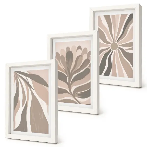 Set ingelijste schilderijen met abstracte plantmotieven in beige en bruine tinten