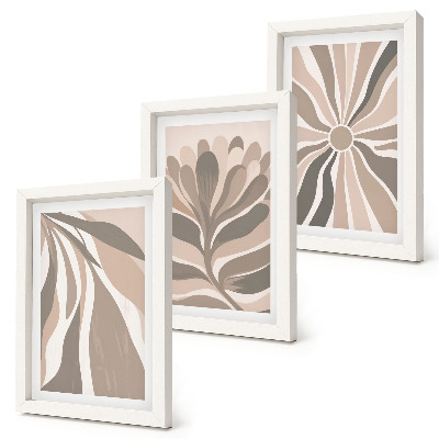 Set van ingelijste schilderijen Abstracte plantmotieven in beige en bruine tinten.