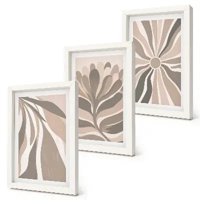 Set ingelijste schilderijen met abstracte plantmotieven in beige en bruine tinten