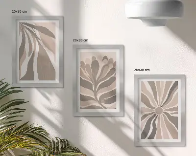 Set ingelijste schilderijen met abstracte plantmotieven in beige en bruine tinten