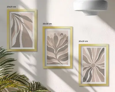 Set ingelijste schilderijen met abstracte plantmotieven in beige en bruine tinten