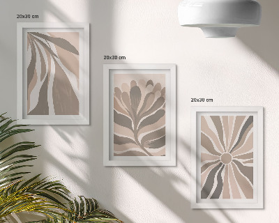 Set van ingelijste schilderijen Abstracte plantmotieven in beige en bruine tinten.