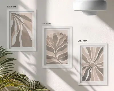 Set ingelijste schilderijen met abstracte plantmotieven in beige en bruine tinten