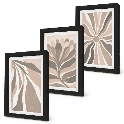 Set van ingelijste schilderijen Abstracte plantmotieven in beige en bruine tinten.