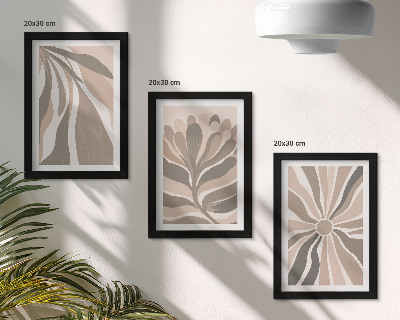 Set van ingelijste schilderijen Abstracte plantmotieven in beige en bruine tinten.