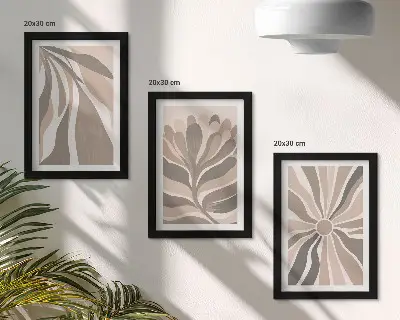 Set ingelijste schilderijen met abstracte plantmotieven in beige en bruine tinten